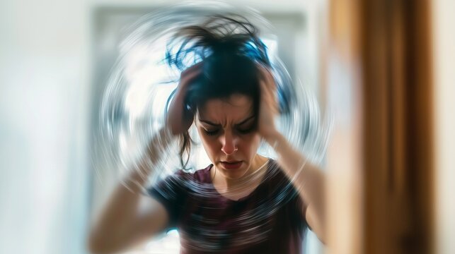Distressed woman holding her head with spin blur, showing migraine, dizziness, vertigo, and symptom of disorientation.