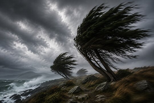 Trees bent by strong winds during a storm with motion blur in branches.