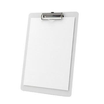 A white plastic clipboard with a metal clip holding a blank sheet of paper, angled view, isolated on a white background, for office supplies