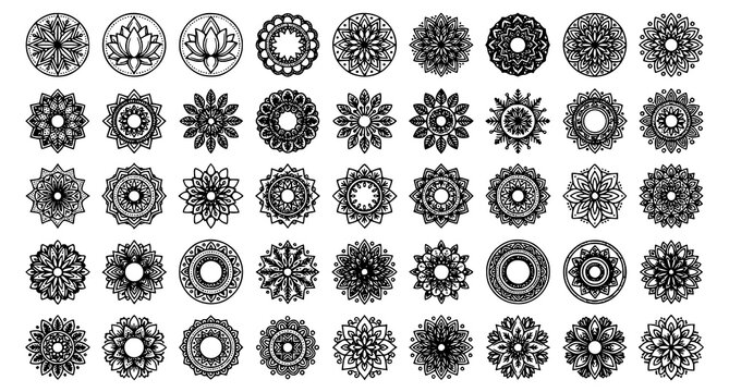 Hand Drawn Mandala Ornament Collection Black Round Lace Floral Vector Elements