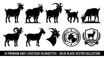 Fototapeta premium Goat Livestock Silhouettes Solid Black Vector Collection with Premium Agribusiness Badge and Emblem Shapes