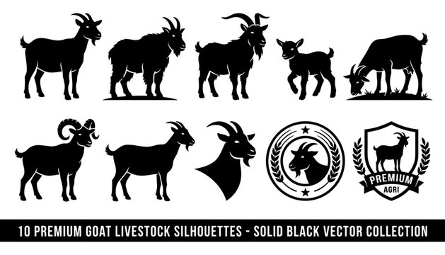 Goat Livestock Silhouettes Solid Black Vector Collection with Premium Agribusiness Badge and Emblem Shapes