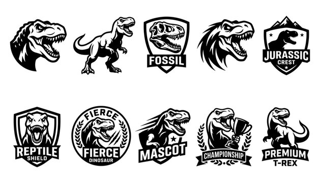 Dinosaur Emblem Icon Set with Roaring Monster Faces, Shields, Badges, and Retro Cartoon Vector Style for Branding