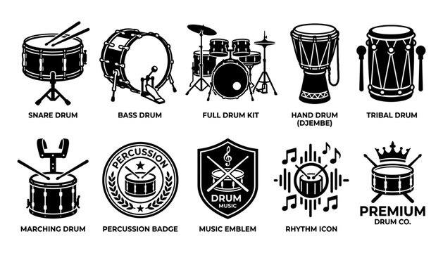 Drum Icons Set with Snare, Bass, Full Kit, Hand Drums, Badges, and Rhythm Symbols in Black Vector Style