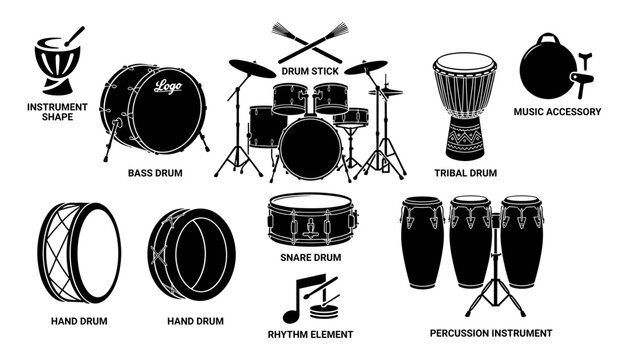 Drum Instrument Icons Set with Bass, Hand, Snare, Tribal and Percussion Elements in Monochrome Vector Style