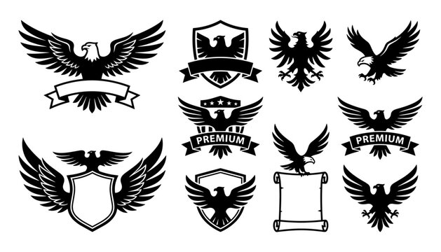 Eagle Badges and Emblems Set with Wings and Premium Ribbon Banners for Fantasy Emblem Design Featuring Badge, Shield, Crown