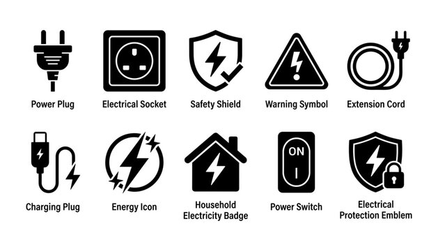 Electricity Safety Icons Set with Power Plug, Socket, Warning Shield, Charging Plug, and Switch Symbols for Design