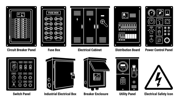 Electrical Cabinet Icons Set with Circuit Breaker, Fuse Box, Distribution Board, Switch Panel, Utility Panel Diagrams