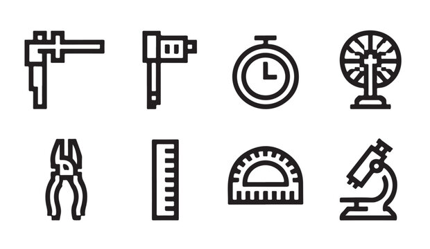 Science and laboratory equipment line art icons featuring microscopes and measuring tools.