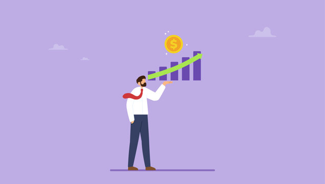 Confidence businessman investor holding big rising profit growth graph. Investment profit growth, financial advisor or wealth management, make money to get rich or increase earning or income concept.