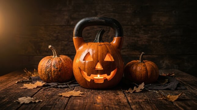 Glowing jack-o-lantern kettlebell on wooden table with pumpkins