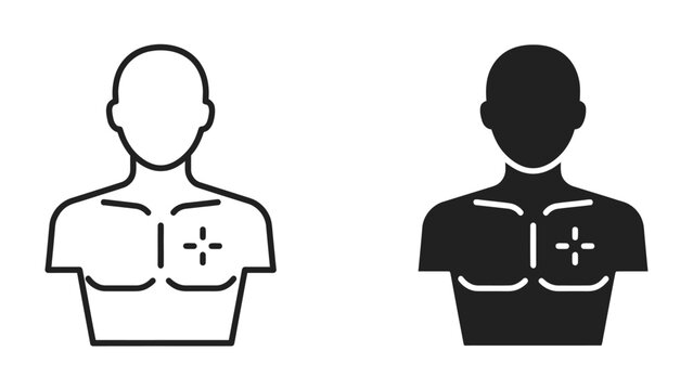 Anatomical Illustration of Human Torso: A stylized illustration of the human torso, showcasing the chest musculature and a symbolic crosshair on the sternum.