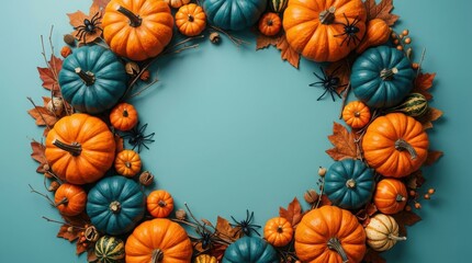 Fototapeta premium Autumnal Pumpkin Wreath on Teal Background for Halloween