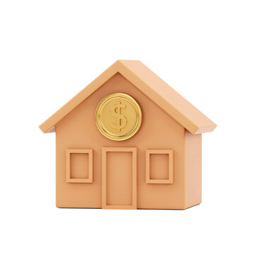 A3d rendered house with a gold coin featuring a dollar sign symbol, representing real estate investment, property value, or home savings