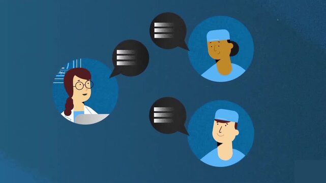 2D animated customer interface showing profile circles with chat bubbles connecting to a support agent for online helpdesk software explainers