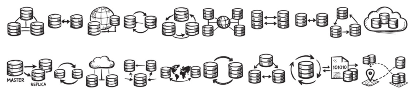Hand-drawn database icons illustrate various data management concepts, including replication, cloud storage, and global distribution, on a clean white background
