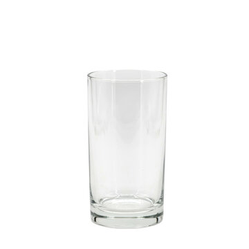 An empty clear glass tumbler with a heavy base, standing upright on a white background, studio lighting, transparent kitchenware