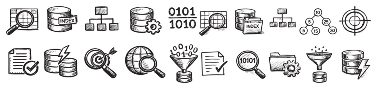 Hand-drawn doodle style data and database icons set, featuring various symbols like magnifying glasses, servers, and binary code on a white background