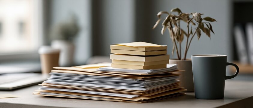 Overwhelming workload concept towering stack of folders and documents topped with sticky note pads beside a mug and plant. Perfect for business, productivity, and deadline themes.