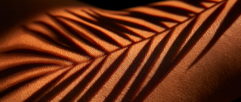 Sensual tropical mood captured through dramatic palm frond shadow cast across bronzed skin. Perfect for summer beauty, selfcare, travel, or wellness campaigns seeking warm, golden hour.