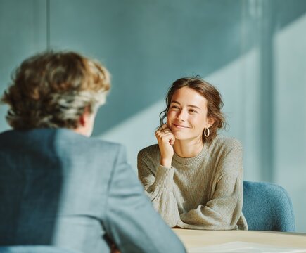 Young woman listening thoughtfully during casual workplace conversation