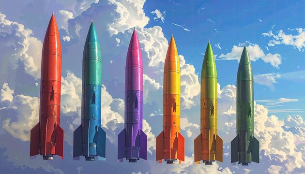 Colorful Rockets Launching Against Bright Sky