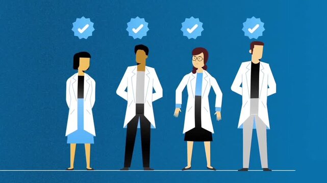 2D animated lineup of diverse medical doctors with checkmark badges for professional credentials and certified clinical healthcare system videos