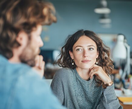 Young professional woman listening during collaborative workplace discussion
