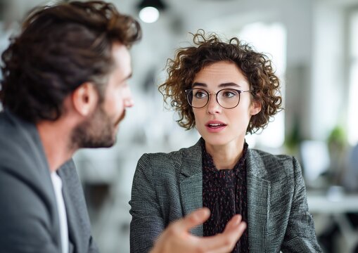 Curly haired woman engaged in conversation with colleague at cafe
