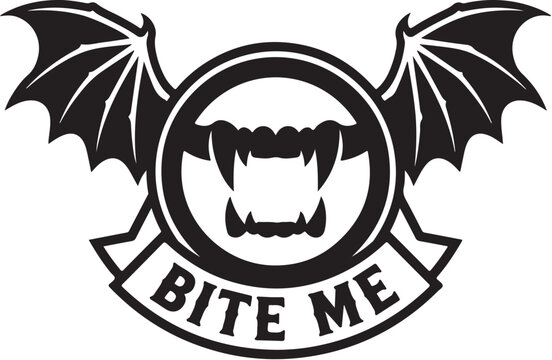 Black bat wings and fangs with bite me text