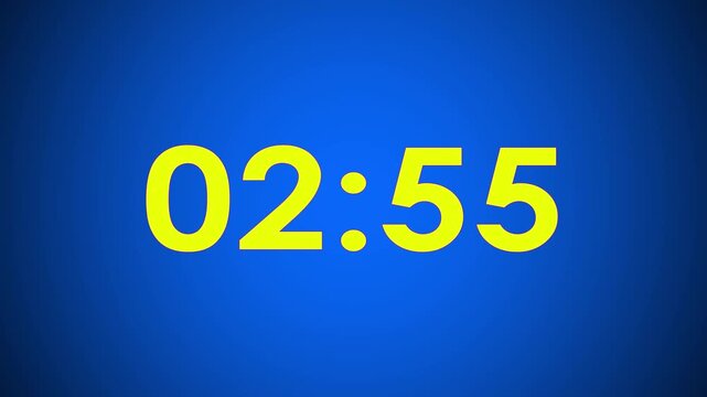"3 Minute Digital Negative Countdown, Timer 60 Seconds on Blue Background .Digital countdown clock on blue background showing three minute timer animation.