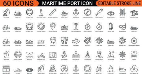 Maritime port logistics shipping line art icons set, cargo vessel, lighthouse beacon, marine anchor compass, harbor crane forklift, lifebuoy boat, web icon, app icon, outline icon, vector EPS © mdjalal