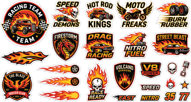Racing Team Logos and Decals with Flames, Skulls, and Cars - Sticker Collection