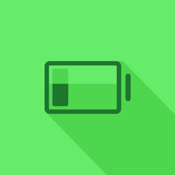 Green battery icon with low charge and long shadow.