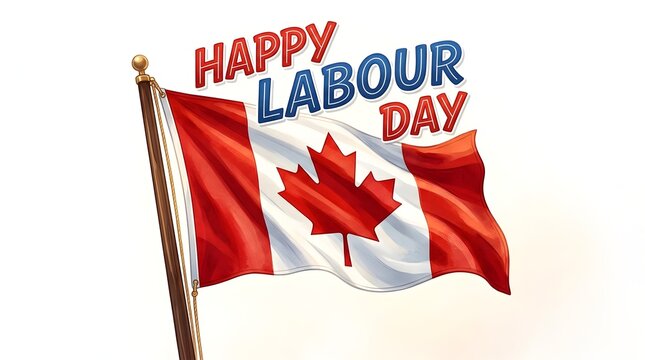 Canadian flag waving with Happy Labour Day text