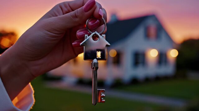 Woman holding house key with keychain in front of a blurred home at sunset representing real estate ownership and moving into a new residence