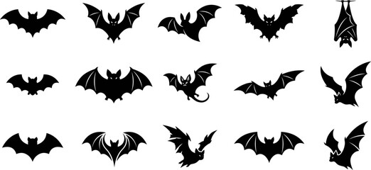 Fototapeta premium Diverse silhouette collection of bats in flight and resting positions for halloween designs