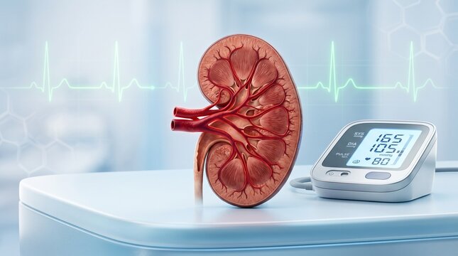 Hypertension concept showing chronic high blood pressure causing kidney damage and reduced kidney function