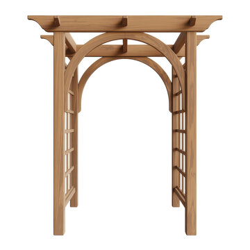A classic wooden garden pergola archway with a lattice side panel isolated on a white background, for landscaping and, outdoor projects