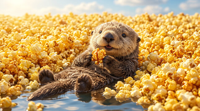 Cute Sea Otter Floating on Back in Giant Sea of Yellow Fluffy Popcorn