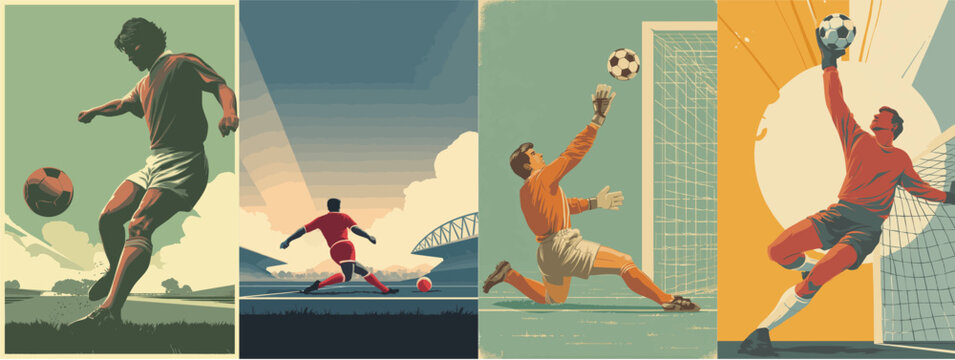 Vintage soccer poster set with retro football players and goalkeepers in classic athletic illustration style