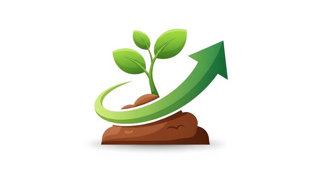 Growing Plant on Wooden Block with Upward Green Arrow Growth Concept