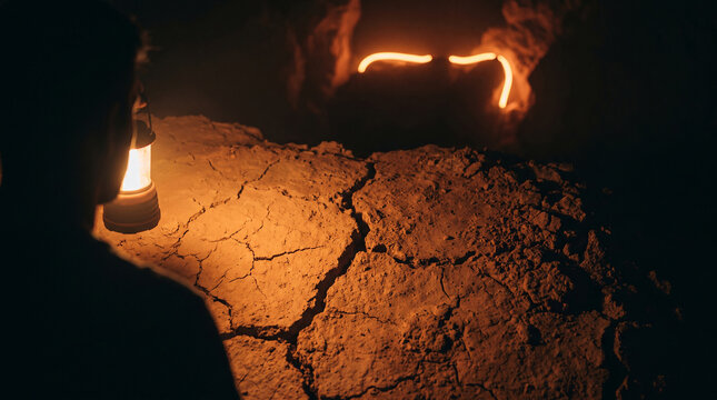 Cracked dry terracotta clay surface illuminated by a handheld lantern in a dark cavern setting earth