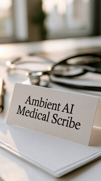 Ambient AI Medical Scribe Platforms Text Concept With Stethoscope And Medical Desk