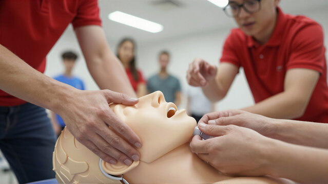 Close-up view of a student practicing first aid on a medical mannequin. An instructor demonstrates the chin lift technique during a resuscitation training course in a classroom