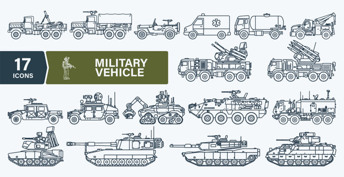 17 Military Vehicle Icon Set - Line Art Style