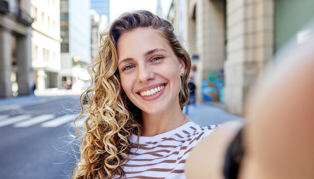 Woman smiling on city street taking selfie.