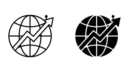 Global Growth Icon: A stylized graphic representing a globe with an upward trending arrow and graph, symbolizing international business growth and economic progress. © abidakhatun
