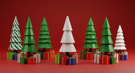Fototapeta premium Festive christmas gift box scene with geometric trees holiday present arrangement