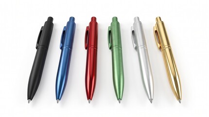 Fototapeta premium Six colorful metallic retractable ballpoint pens arranged in a neat row against a clean white background for office branding supplies